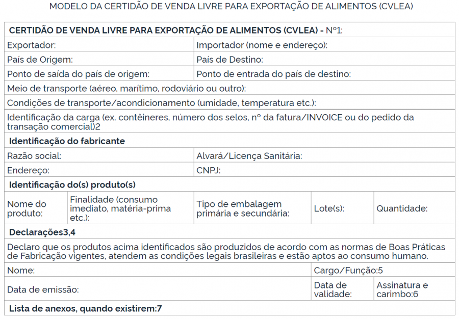 CERTIDO DE VENDA LIVRE PARA EXPORTAO DE ALIMENTOS (CVLEA)  NOVA REGULAMENTAO